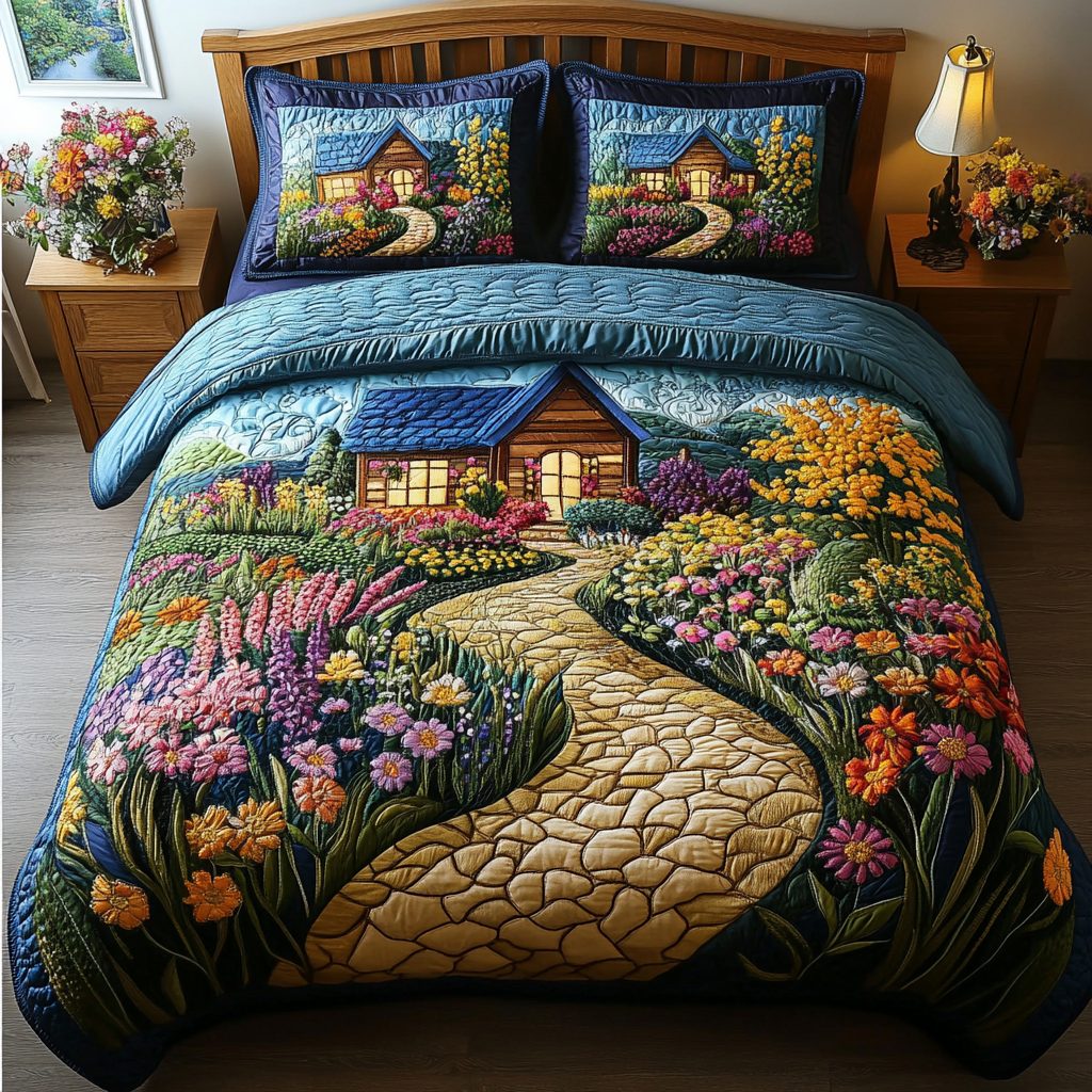 Spring Haven quilted 3-piece bedding set on a made bed with two matching pillow shams