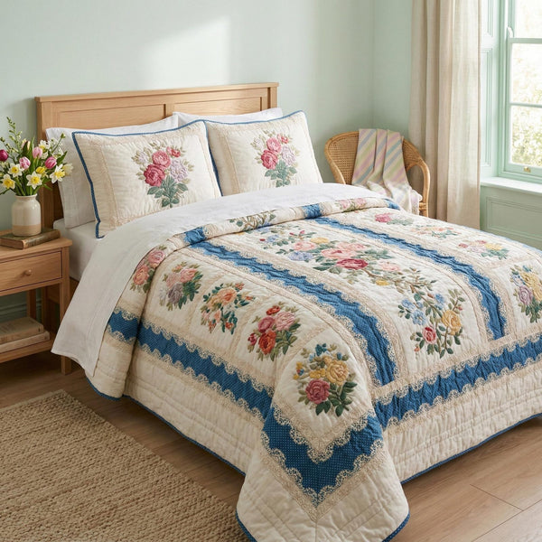 Spring Heirloom quilted 3-piece bedding set on a made bed with two matching pillow shams