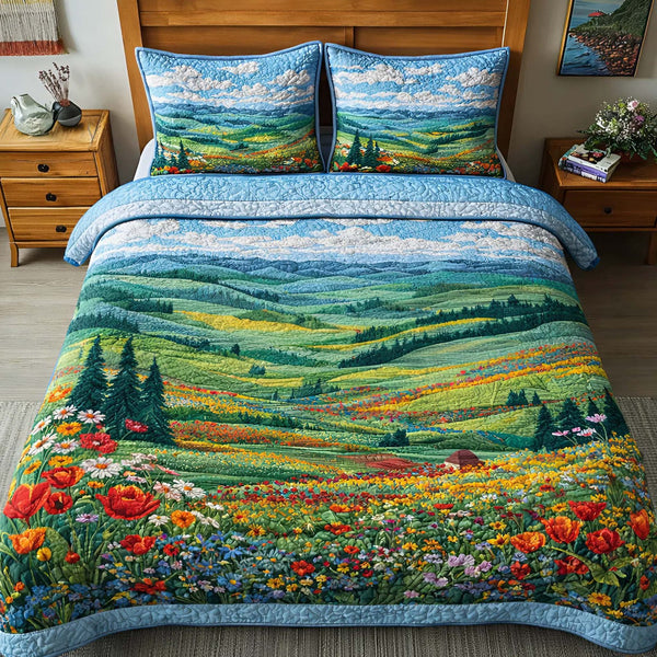 Spring Hills quilted 3-piece bedding set on a made bed with two matching pillow shams
