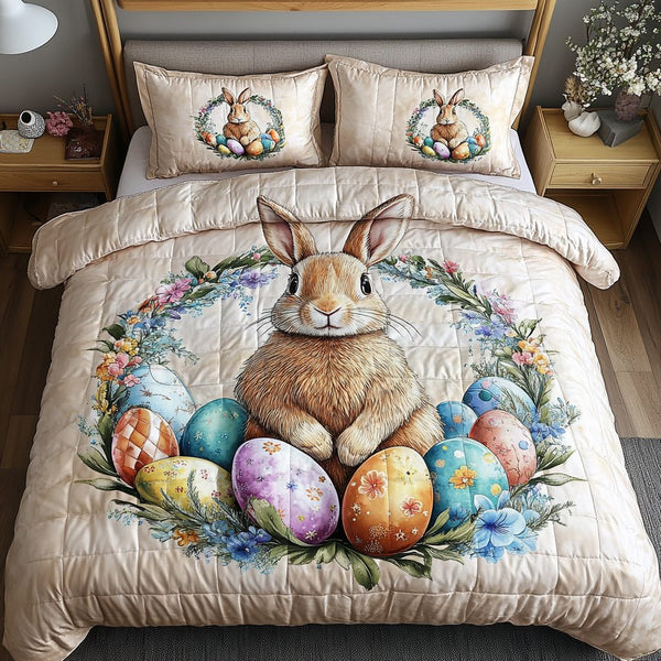 Spring Hopper quilted 3-piece bedding set on a made bed with two matching pillow shams