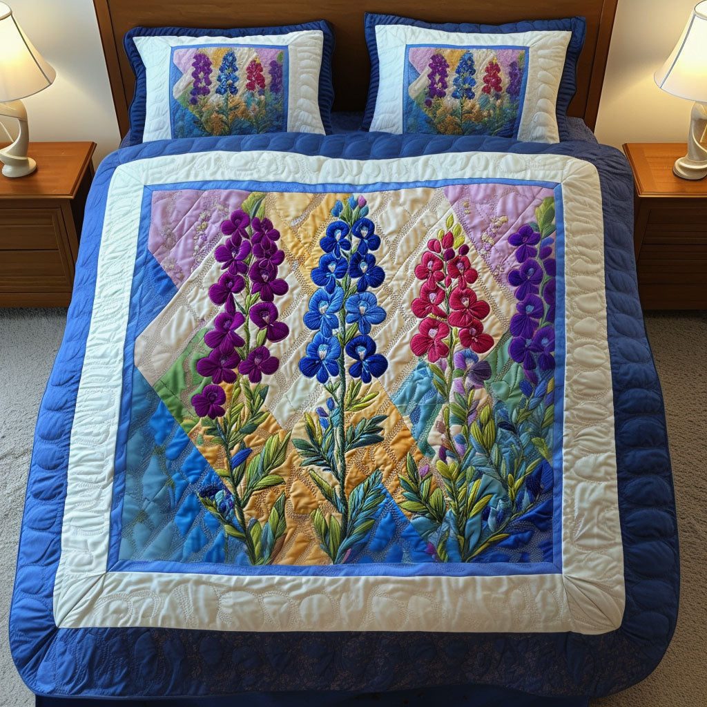 Spring in Bloom quilted 3-piece bedding set on a made bed with two matching pillow shams