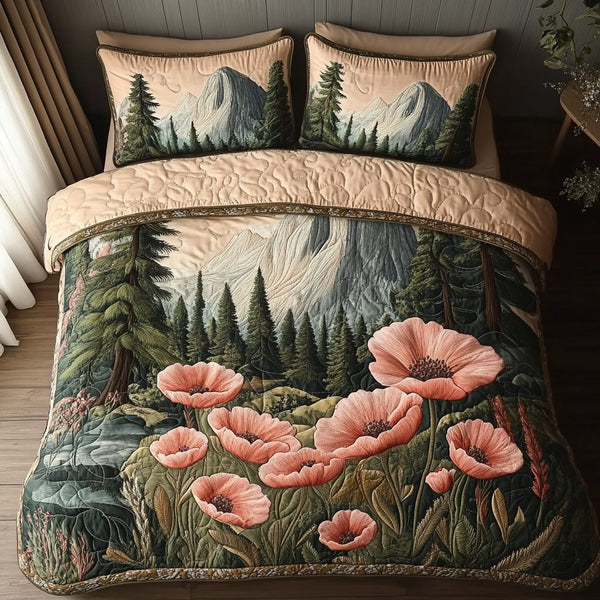 Spring in Yosemite quilted 3-piece bedding set on a made bed with two matching pillow shams