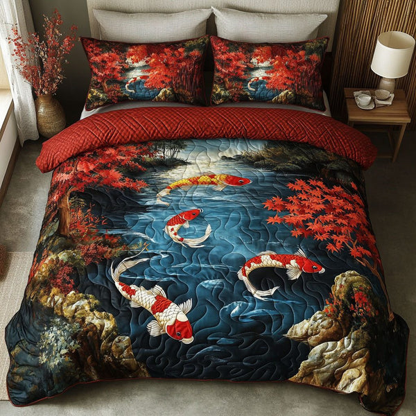 Spring Koi quilted 3-piece bedding set on a made bed with two matching pillow shams
