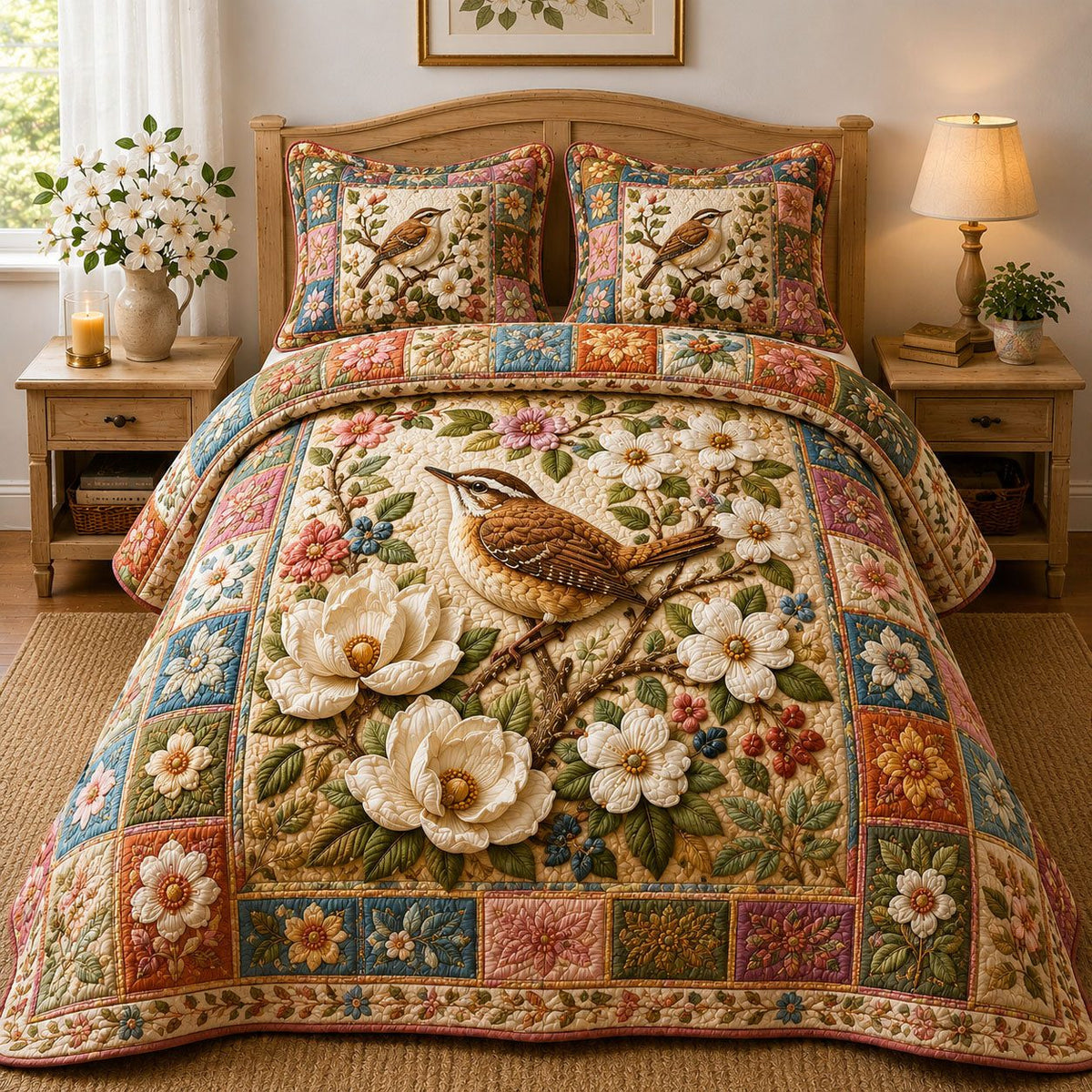 Spring Magnolia Wren quilted 3-piece bedding set on a made bed with two matching pillow shams