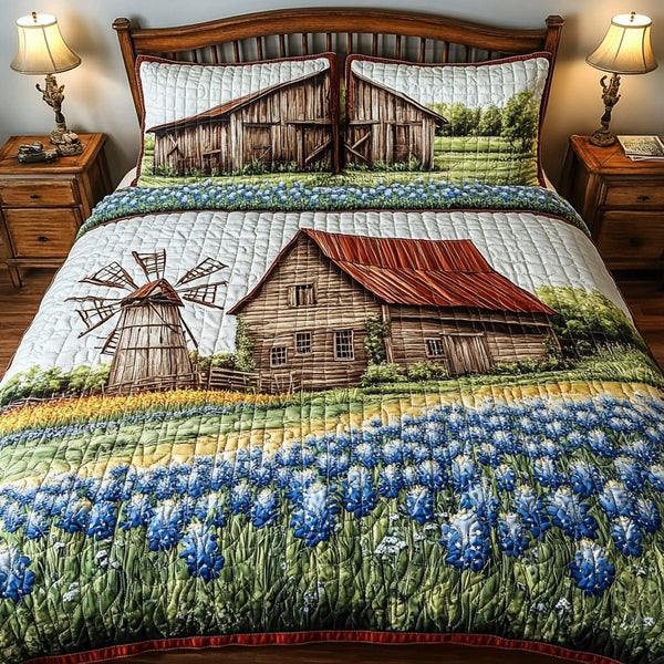 Spring Meadow quilted 3-piece bedding set on a made bed with two matching pillow shams