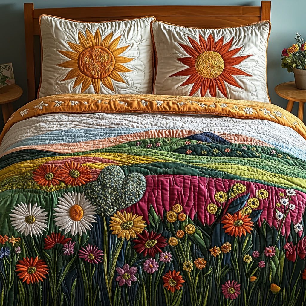 Spring Meadow quilted 3-piece bedding set on a made bed with two matching pillow shams