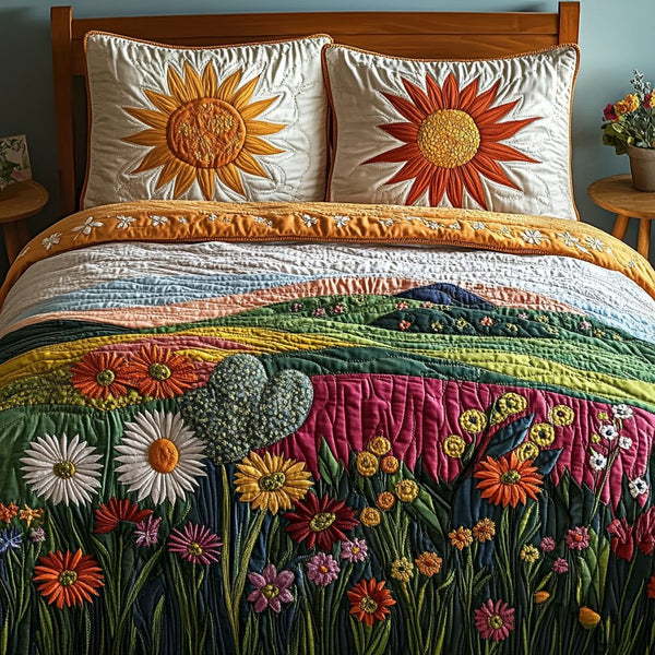 Spring Meadow quilted 3-piece bedding set on a made bed with two matching pillow shams