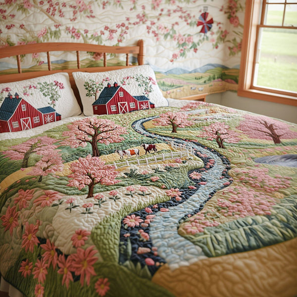 Spring Meadow quilted 3-piece bedding set on a made bed with two matching pillow shams