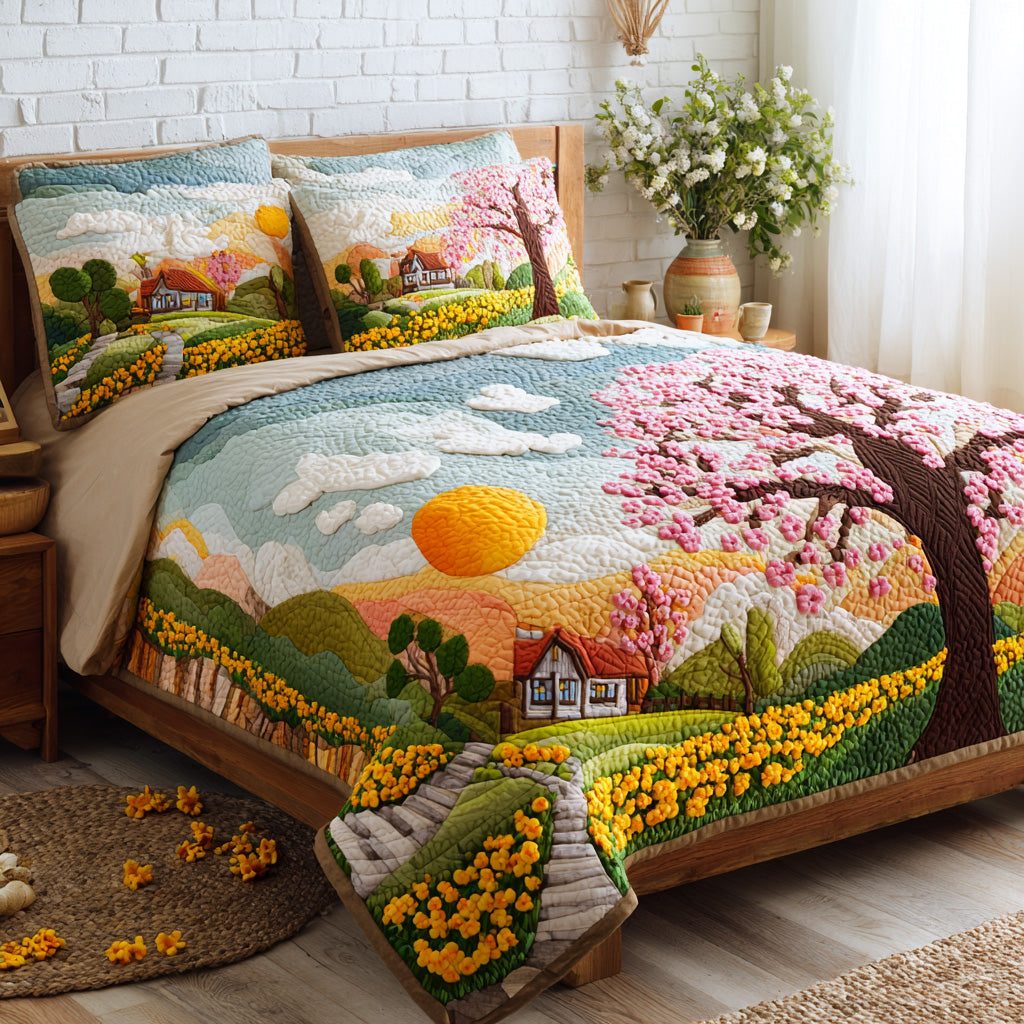 Spring Meadow quilted 3-piece bedding set on a made bed with two matching pillow shams
