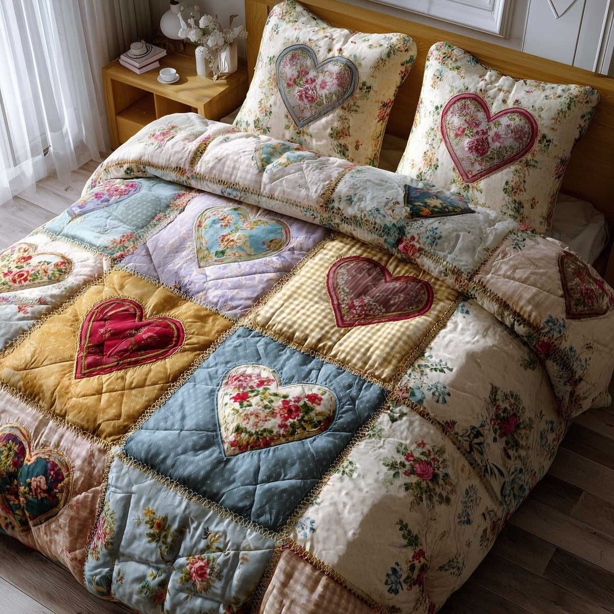 Spring Patch quilted 3-piece bedding set on a made bed with two matching pillow shams