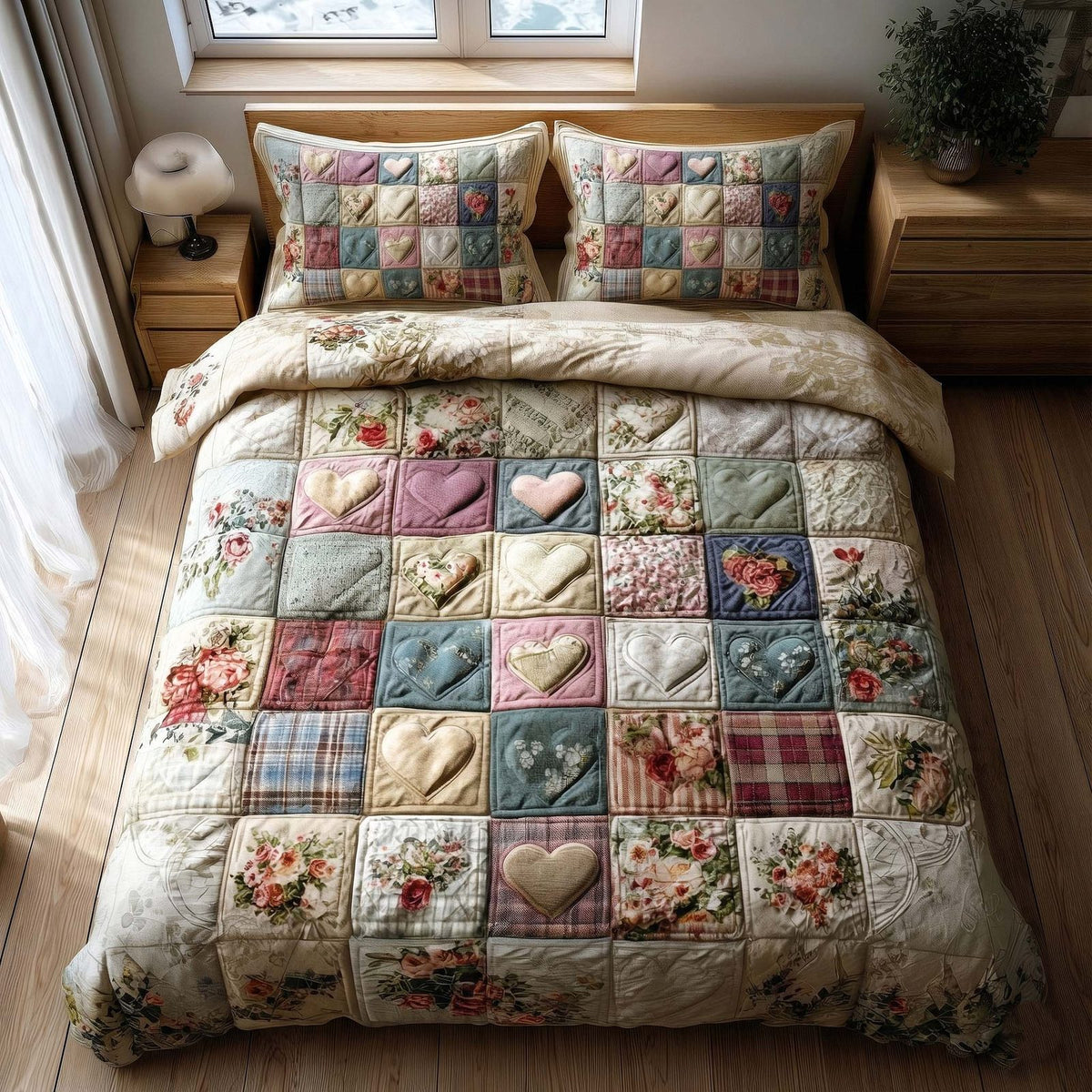 Spring Patch quilted 3-piece bedding set on a made bed with two matching pillow shams
