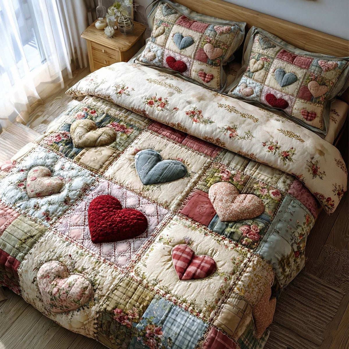 Spring Patch quilted 3-piece bedding set on a made bed with two matching pillow shams
