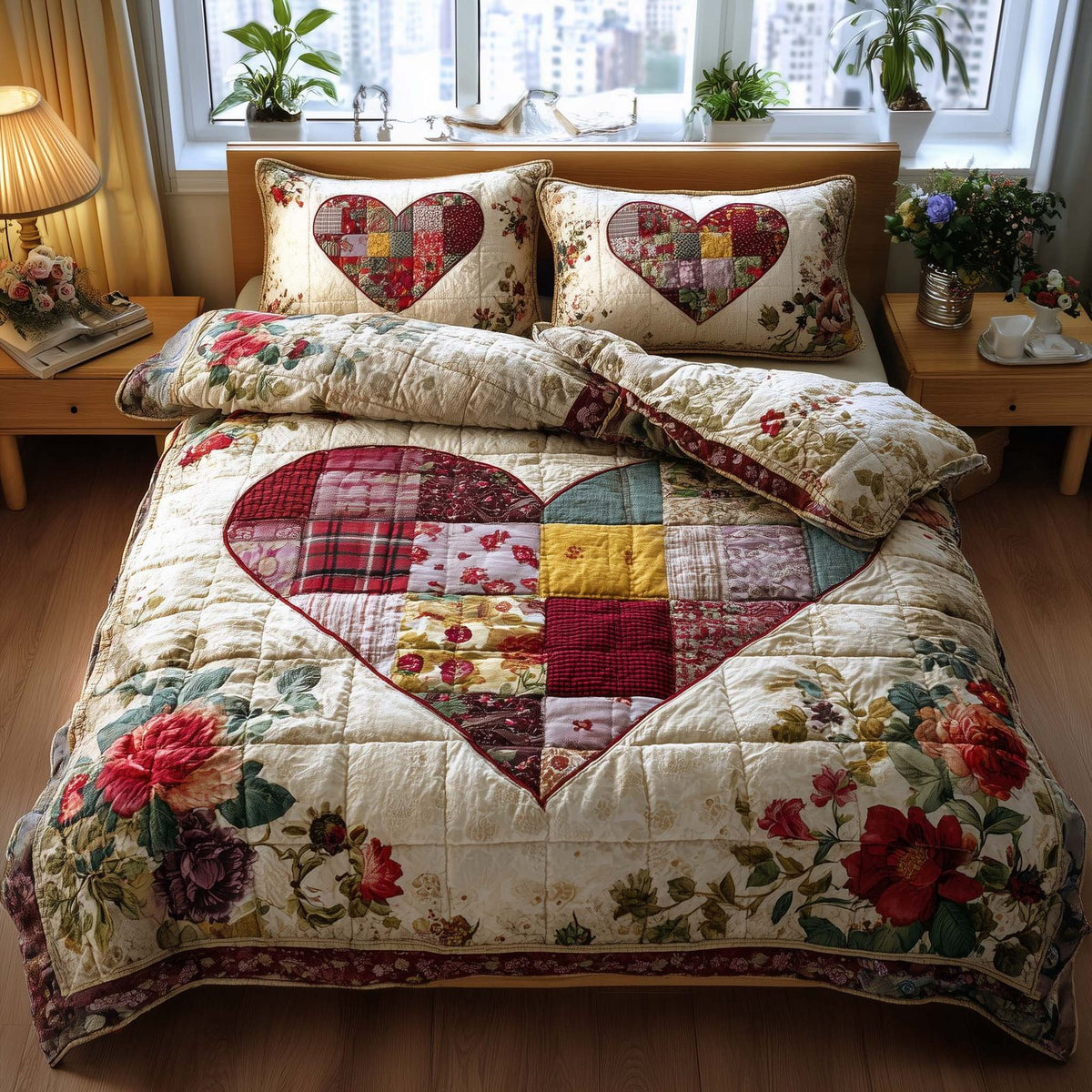 Spring Patch quilted 3-piece bedding set on a made bed with two matching pillow shams