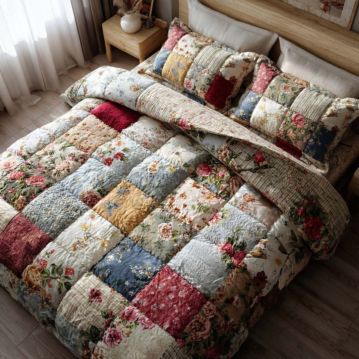 Spring Patch quilted 3-piece bedding set on a made bed with two matching pillow shams
