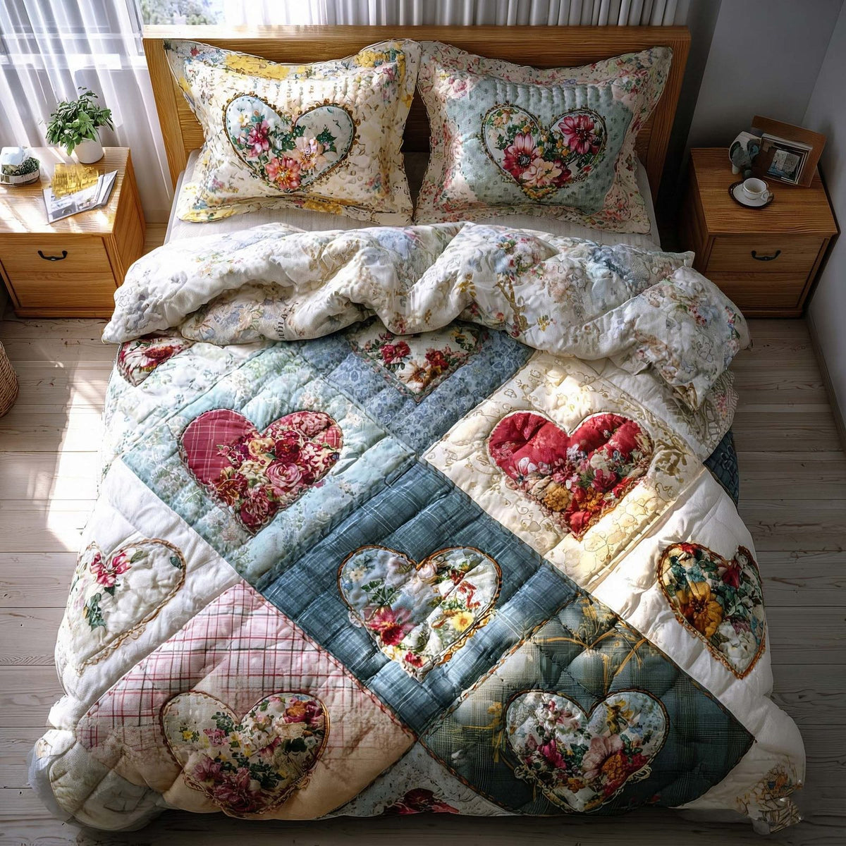 Spring Patch quilted 3-piece bedding set on a made bed with two matching pillow shams