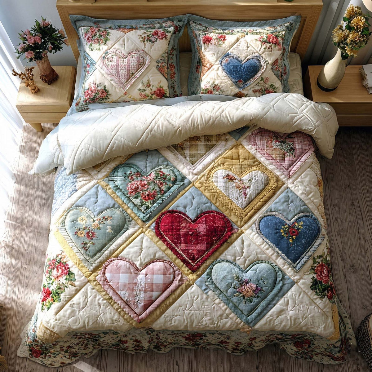 Spring Patch quilted 3-piece bedding set on a made bed with two matching pillow shams