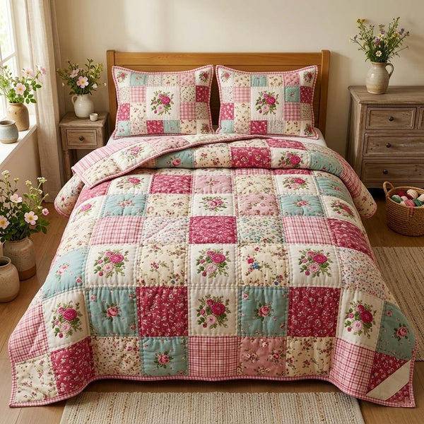 Spring Patchwork quilted 3-piece bedding set on a made bed in a farmhouse bedroom