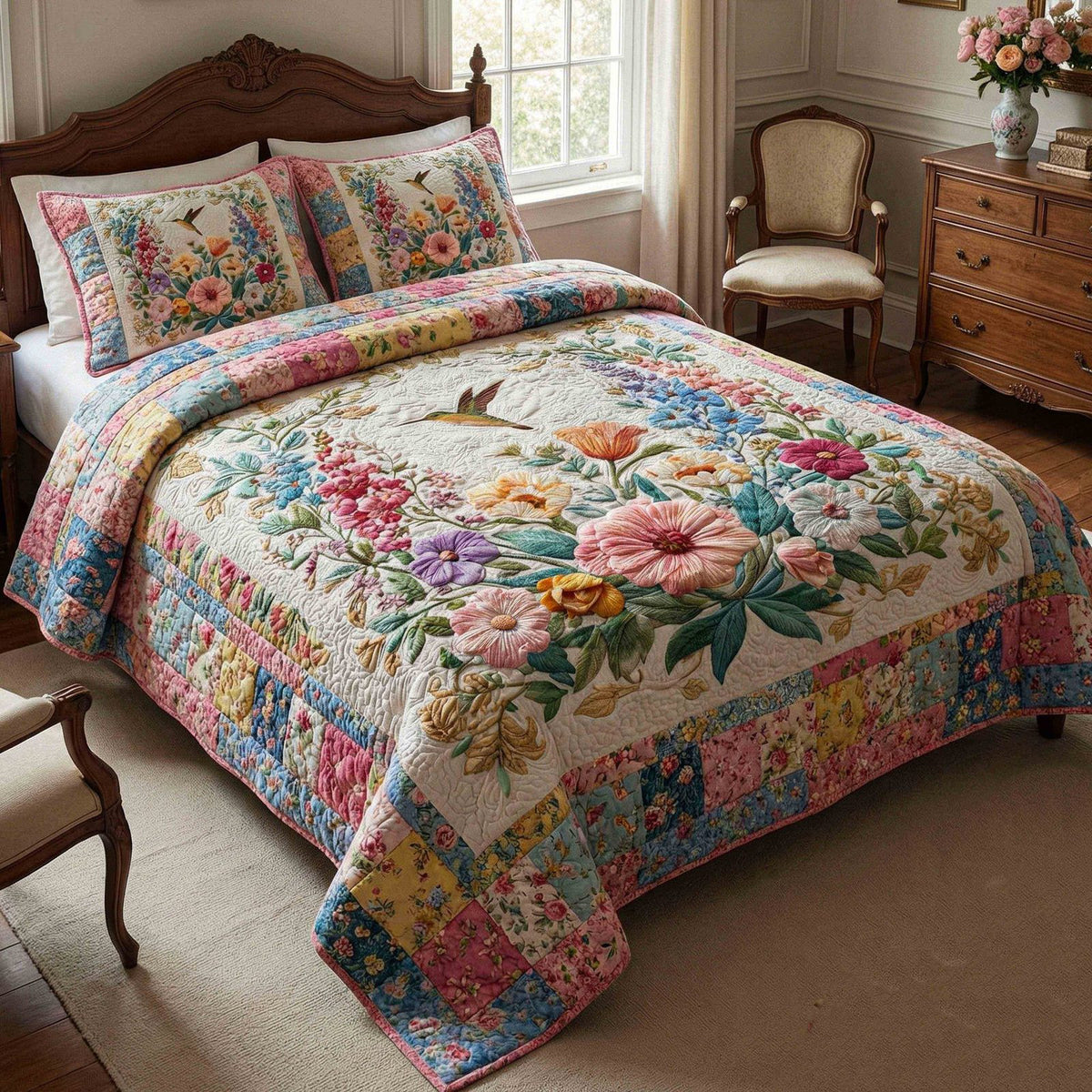 Spring quilted 3-piece bedding set on a made bed with two matching pillow shams
