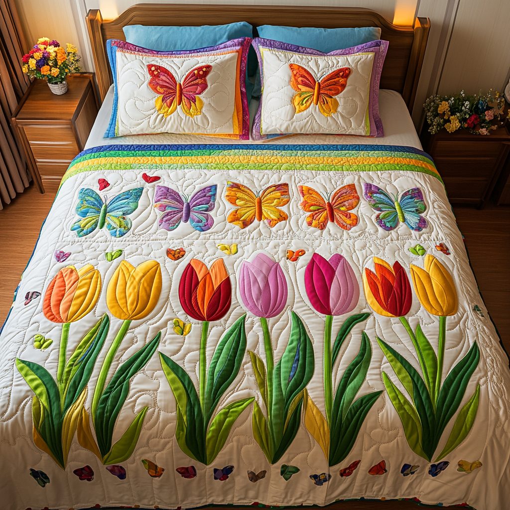 Spring Radiance quilted 3-piece bedding set on a made bed with two matching pillow shams