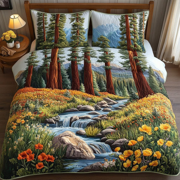 Spring Redwoods quilted 3-piece bedding set on a made bed with two matching pillow shams