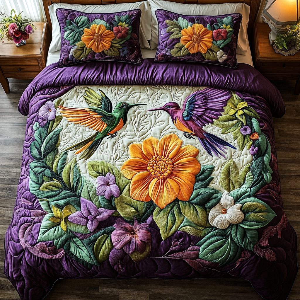 Spring Serenade quilted 3-piece bedding set on a made bed with two matching pillow shams