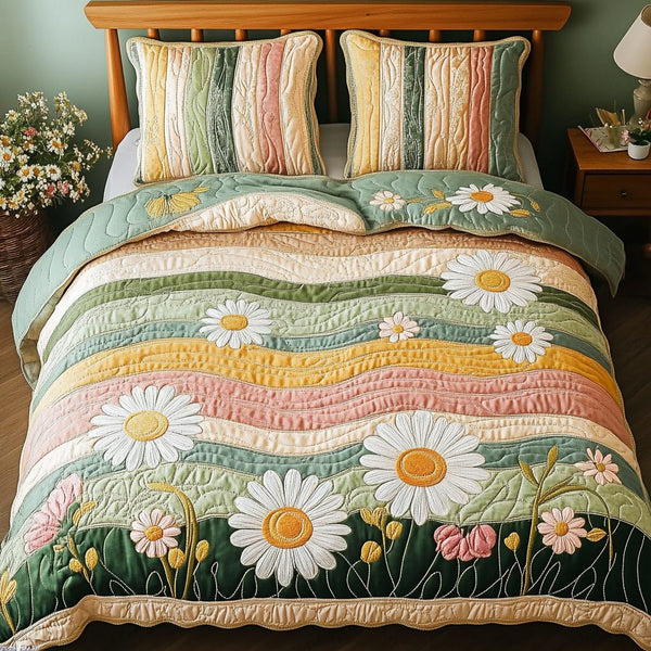 Spring Serenity quilted 3-piece bedding set on a made bed with two matching pillow shams