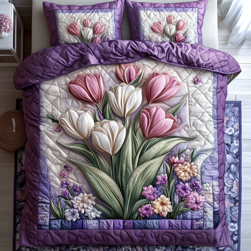 Spring Serenity quilted 3-piece bedding set on a made bed with two matching pillow shams