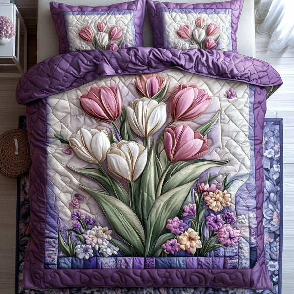 Spring Serenity quilted 3-piece bedding set on a made bed with two matching pillow shams
