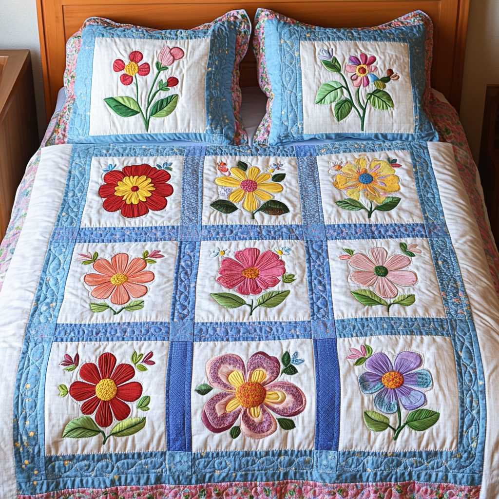 Spring Serenity quilted 3-piece bedding set on a made bed with two matching pillow shams