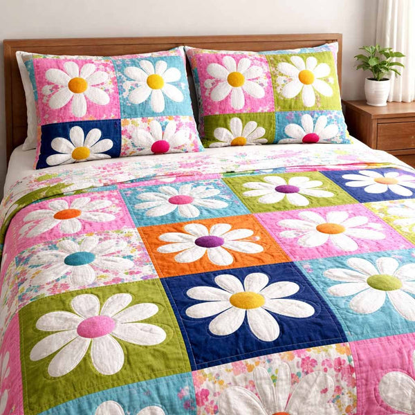 Spring Squares quilted 3-piece bedding set on a made bed with two matching pillow shams