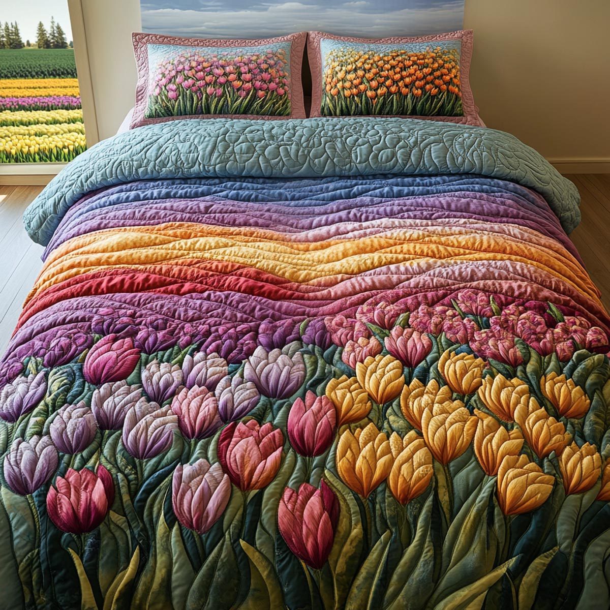 Spring Tulips quilted 3-piece bedding set on a made bed with two matching pillow shams