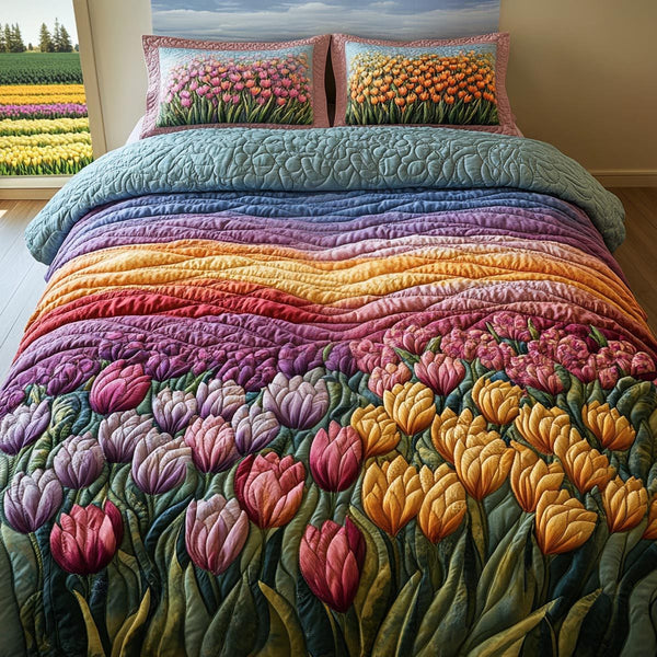 Spring Tulips quilted 3-piece bedding set on a made bed with two matching pillow shams