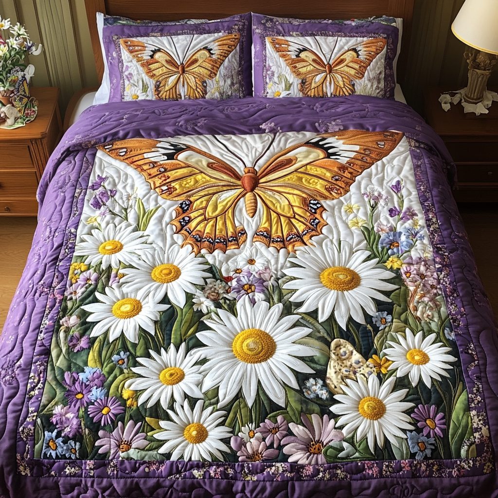 Spring Wings quilted 3-piece bedding set on a made bed with two matching pillow shams
