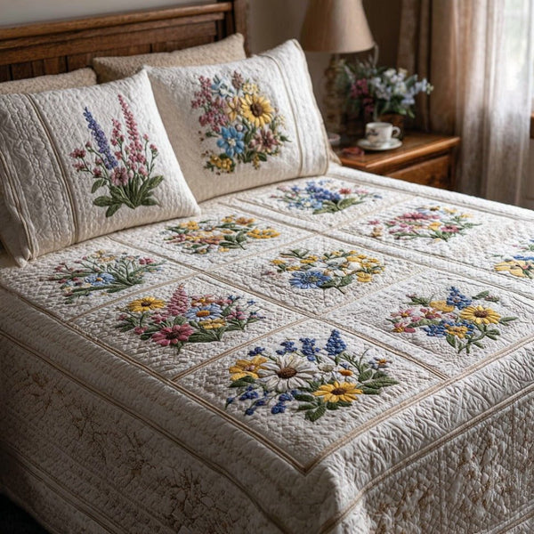 Springflower Meadow quilted 3-piece bedding set on a made bed with two matching pillow shams