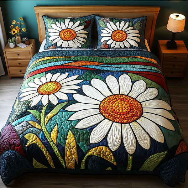 Springtime Blooms quilted 3-piece bedding set on a made bed with two matching pillow shams