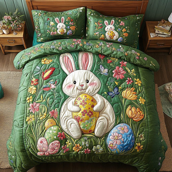 Springtime Bunnies quilted 3-piece bedding set on a made bed with two matching pillow shams