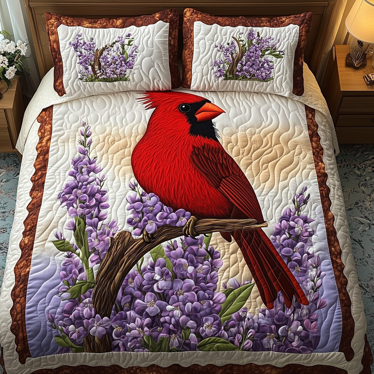 Springtime Cardinal quilted 3-piece bedding set on a made bed with two matching pillow shams