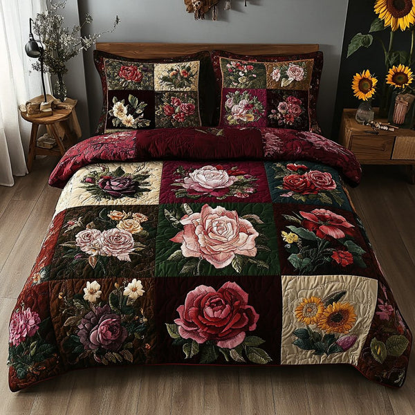 Springtime Charm quilted 3-piece bedding set on a made bed with two matching pillow shams