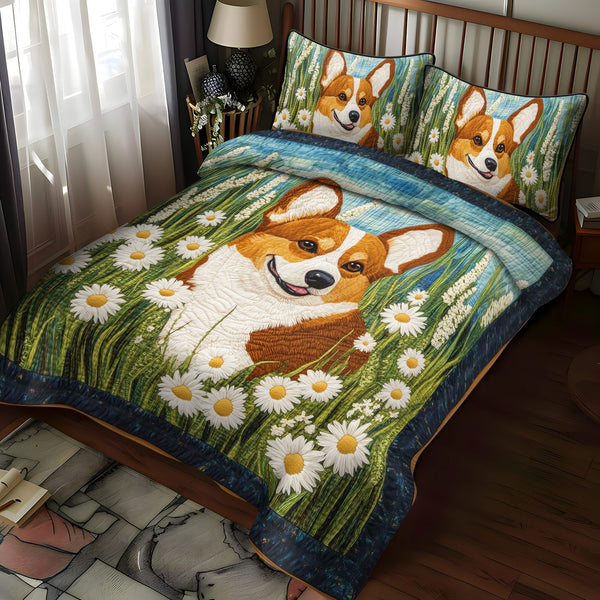 Springtime Corgi Joy quilted 3-piece bedding set on a made bed with two matching pillow shams