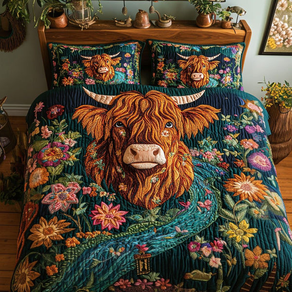 Springtime Cow Parade quilted 3-piece bedding set on a made bed with two matching pillow shams