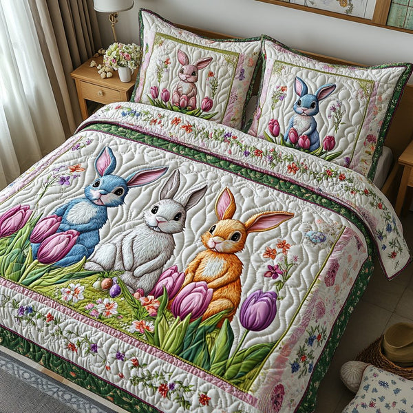 Springtime Friend quilted 3-piece bedding set on a made bed with two matching pillow shams