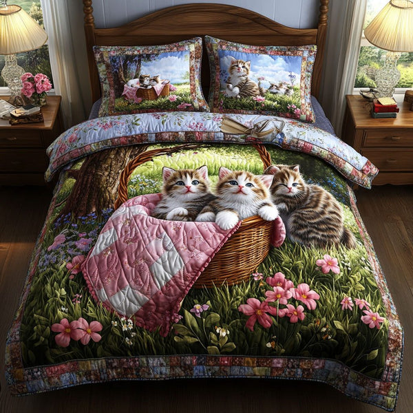 Springtime Kittens quilted 3-piece bedding set on a made bed with two matching pillow shams
