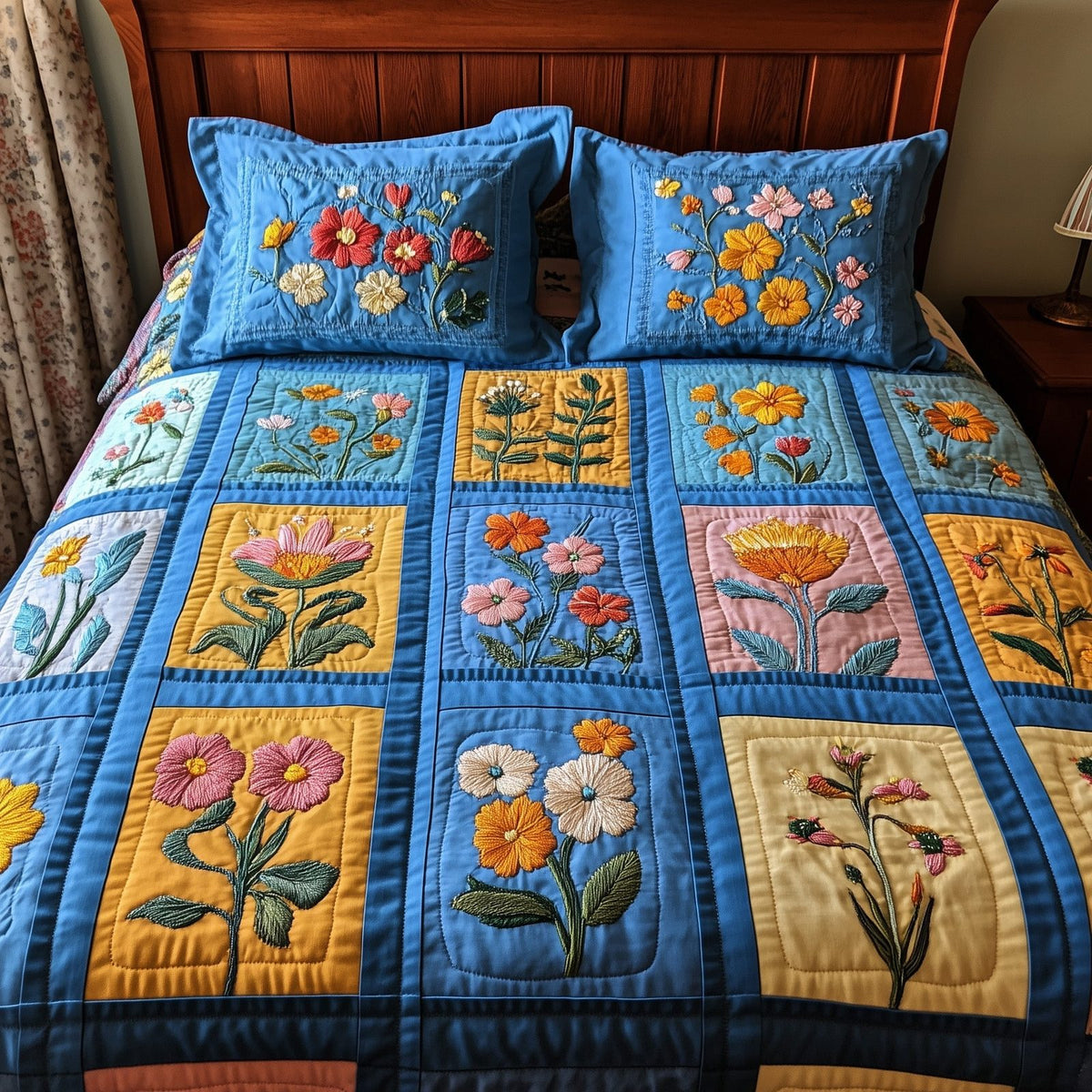 Springtime Patchwork quilted 3-piece bedding set on a made bed in a farmhouse bedroom