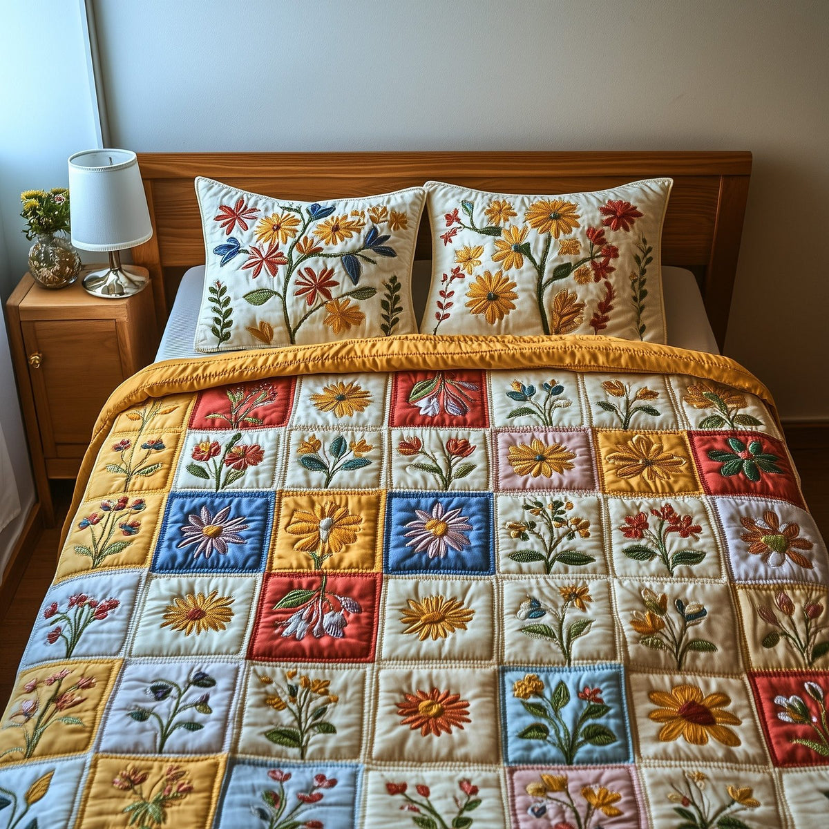 Springtime Patchwork quilted 3-piece bedding set on a made bed in a farmhouse bedroom