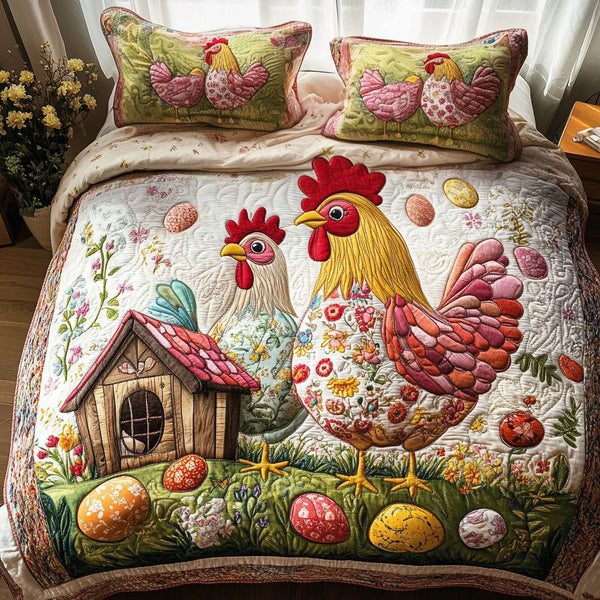 Springtime Roosters quilted 3-piece bedding set on a made bed with two matching pillow shams
