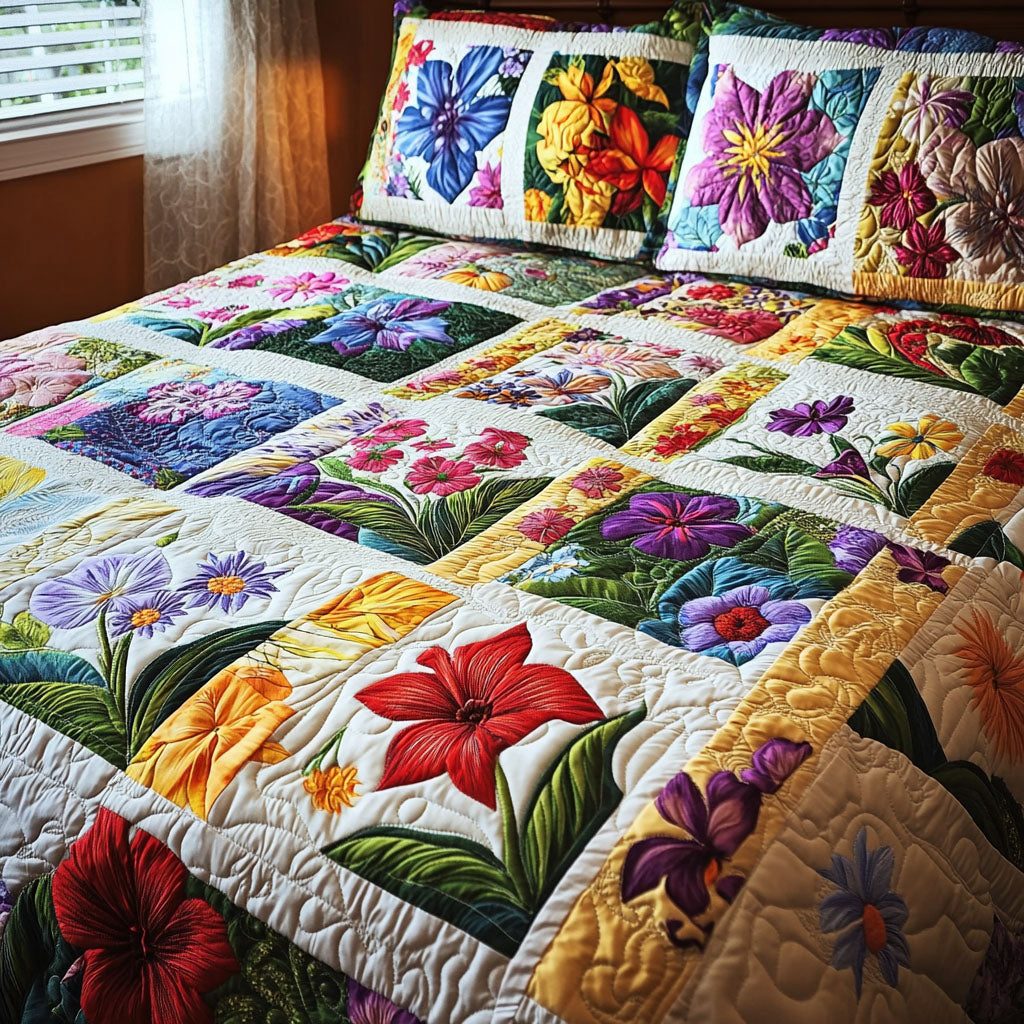 Springtime Serenity quilted 3-piece bedding set on a made bed with two matching pillow shams