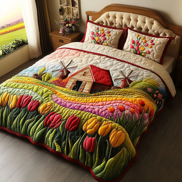 Springtime Whirl quilted 3-piece bedding set on a made bed with two matching pillow shams