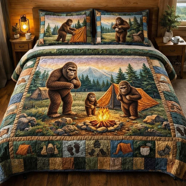 Squatch Camp quilted 3-piece bedding set on a made bed with two matching pillow shams