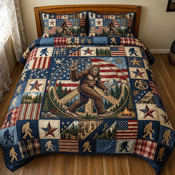 Squatch Vibes quilted 3-piece bedding set on a made bed with two matching pillow shams