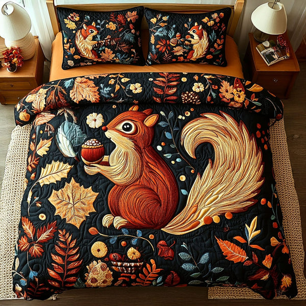 Squirrel and Acorns quilted 3-piece bedding set on a made bed with two matching pillow shams